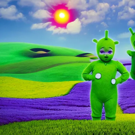 Image similar to a field of sinister teletubbies, film still, moody lighting, cinematic shot, vaporwave, dark and creepy, teletubbies in a field of flowers, the sun is a baby smiling sinisterly, 4 k, 8 k, masterpiece photo, award winning photography