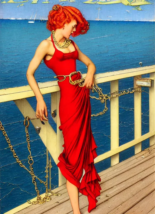 Image similar to a fancy beautiful young lady standing on a wharf at the edge of the sea, very tight gold chain belt, stylish heels, beautiful hair, red dress, by brom and gil elvgren and jean delville and william blake and norman rockwell and michael whelan, crisp details, hyperrealism, high detail, high contrast, low light