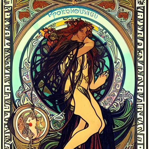 Image similar to persephone as godess of deth, painted by alphonse mucha