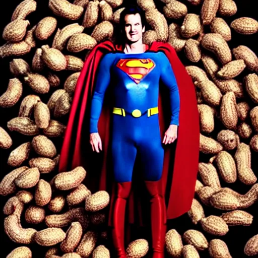 Image similar to uhd candid photo of michael keaton as superman, surrounded by nuts. correct face. photo by annie leibowitz.
