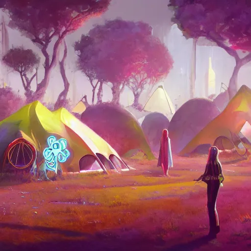 Prompt: a painting of a 1 9 6 0 s cyberpunk futuristic hippie flower power commune with tents and fruit trees and flowers and led screens, a matte painting by magali villenueve and mandy jurgens and charlie bowater, cgsociety, utopia art, sci - fi, bold colors, artstation hq