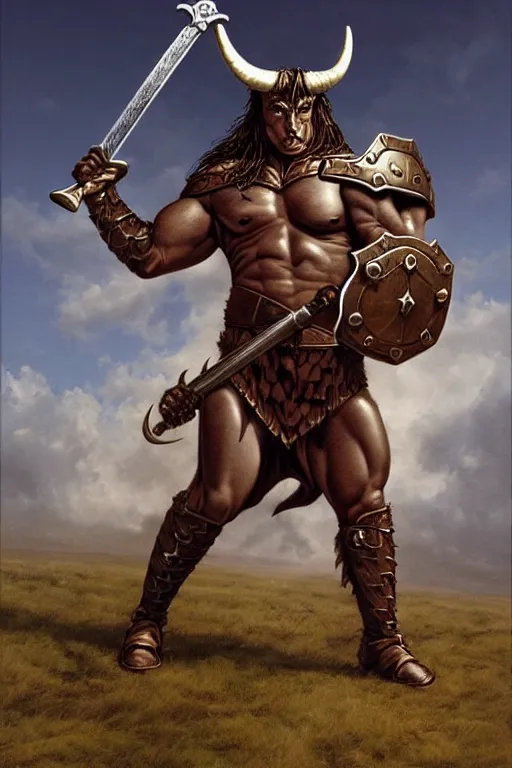 Prompt: Giant horned minotaur warrior wielding a sword and shield, leather armor, full body, muscular, Michael Whelan.