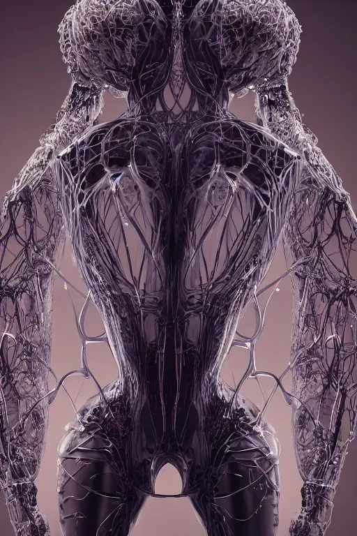 Image similar to iris van herpen, perfect symmetrical body, full body shot, inflateble shapes, wires, tubes, veins, jellyfish, white biomechanical details, wearing epic bionic cyborg implants, masterpiece, intricate, biopunk, vogue, highly detailed, artstation, concept art, cyberpunk, octane render