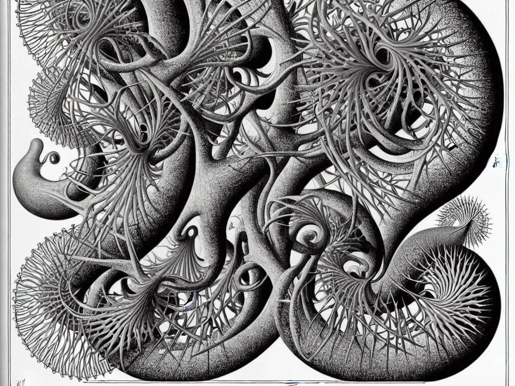 Image similar to neo surrealism, art by ernst haeckel and daniel martin diaz and mc escher