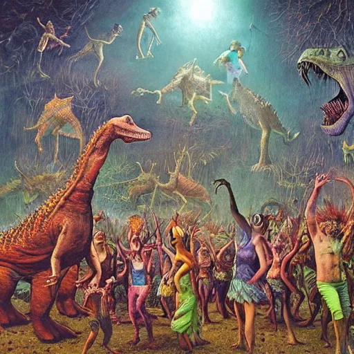 Image similar to A group of dinosaurs dancing in a rave party at ozora festival by Esao Andrews and Karol Bak and Zdzislaw Beksinski