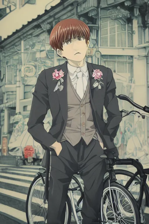 Prompt: Kodak portra 160, 8K, highly detailed, seinen manga 3/4 closeup portrait, eye contact, focus on art nouveau suit, tilt shift background: famous artist in syd mead anime remake, Friends scene, bicycle shop background