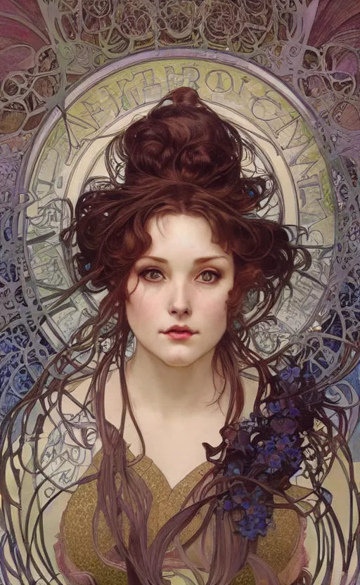 Prompt: hyper-realistic detailed face portrait of attractive chubby mature woman by Alphonse Mucha, Ayami Kojima, Amano, Charlie Bowater, Karol Bak, Greg Hildebrandt, Jean Delville, and Mark Brooks, Art Nouveau, Neo-Gothic, gothic, rich deep moody colors