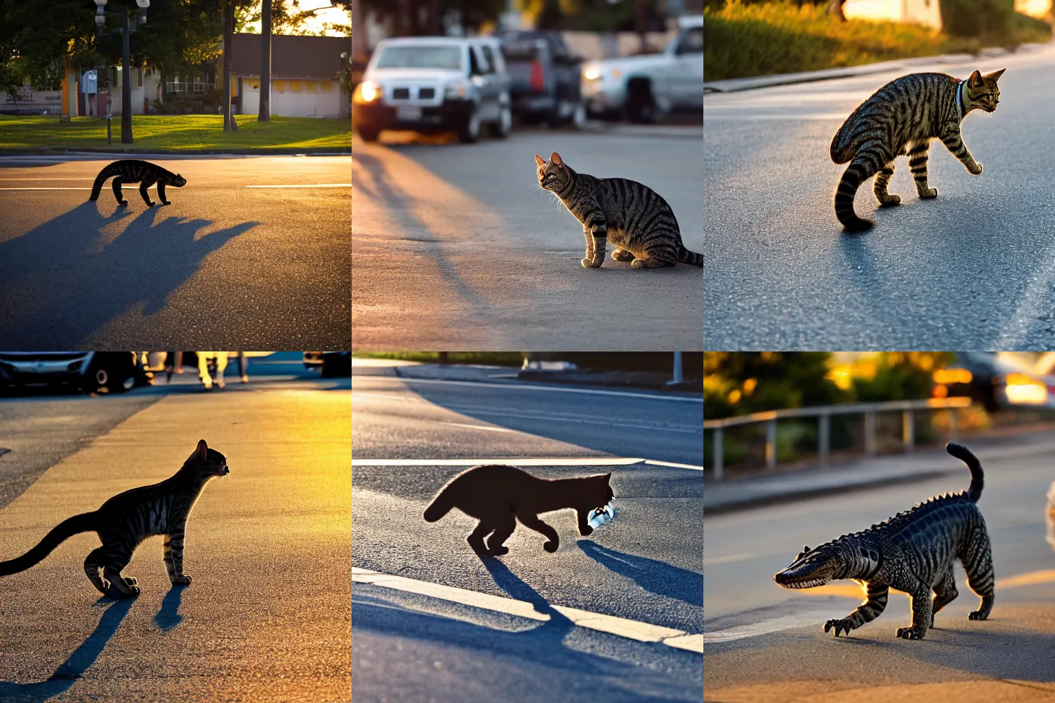 Prompt: a medium shot of a cat-alligator walking across the street, golden hour, candid photography