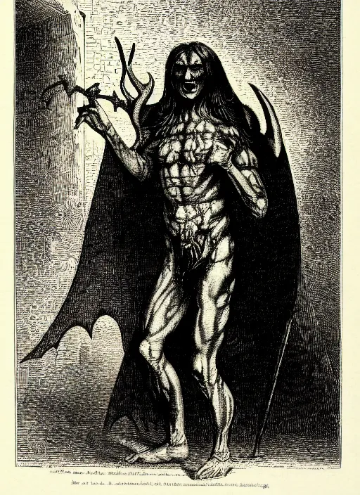 Image similar to illustration of shane madej as a demon from the dictionarre infernal, etching by louis le breton, 1 8 6 9, 1 2 0 0 dpi scan, ultrasharp detail, clean scan