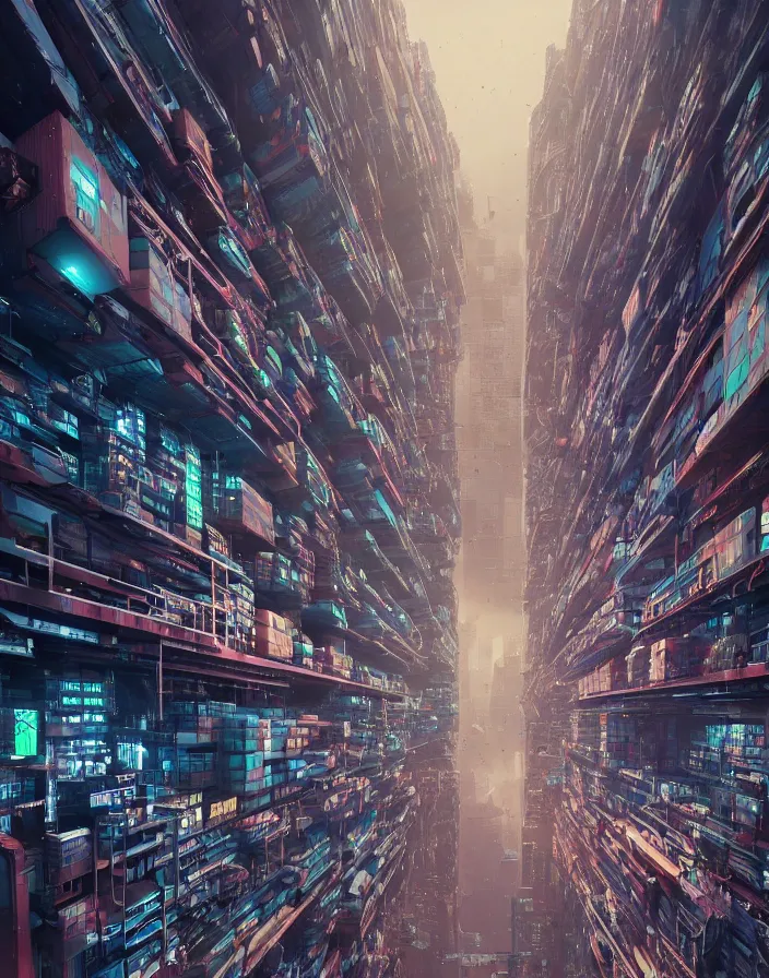 Image similar to cyberpunk, old technology, ladders, elevators, pesimistic future by Asher Durand. stacks of container with people living within, intricate artwork. octane render, trending on artstation, very coherent symmetrical artwork. cinematic, hyper realism, high detail, octane render, 8k, iridescent accents