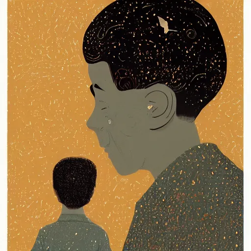 Image similar to a son admiring his father, joyful, illustration by victo ngai, studio muti, malika favre