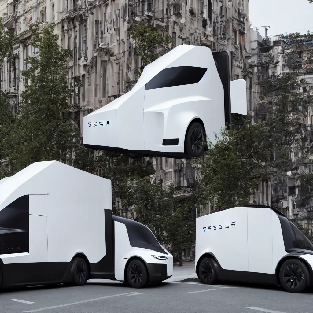 Prompt: tesla cybertruck on a street,