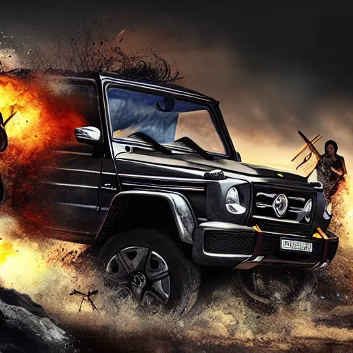 Image similar to g wagon, tribe members attacking, epic action scene, cinematic, digital art, 4k, hd, fantasy, art station