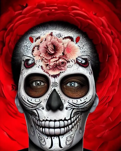 Image similar to dia de los muertos hombre theme surrealist art in the styles of igor morski, jim warren, and osborne macharia, intricate, hyperrealistic, accurate facial details, profile picture with chromakey!!!!! background, volumetric lighting