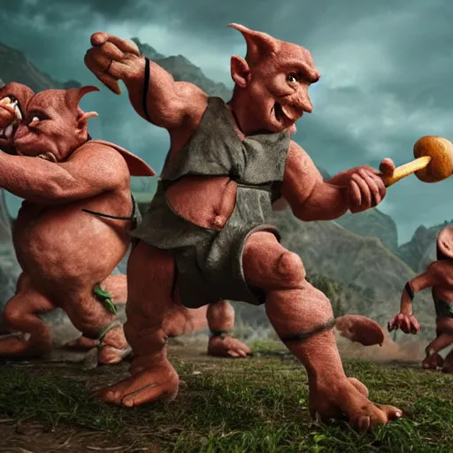 Image similar to A man wielding a ham fighting goblins, 4k HDR