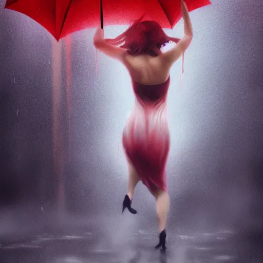 Prompt: Female vampire dancing in a rain of blood, matte painting by Artgerm, dramatic lighting