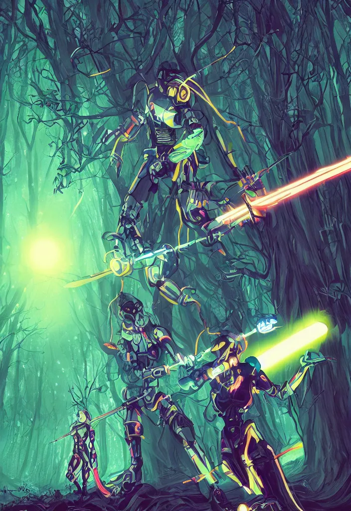 Image similar to , woman with illuminated katana and robot soldier with neon gloves fighting a shadow creature in the forest at night, grand scale , digital effects fantasy ,digital art, illustration, stylized, cel shaded