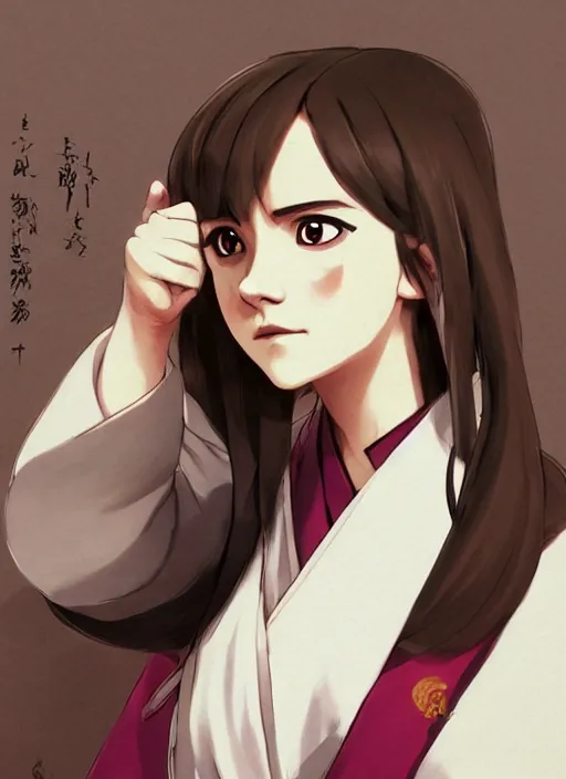 Image similar to emma watson as nezuko from demon slayer anime ねずこ nezuko from demon slayer anime ねずこ nezuko from demon slayer anime ねずこ wearing kimono wrapped mouth by artgem by greg rutkowski trending on artstation