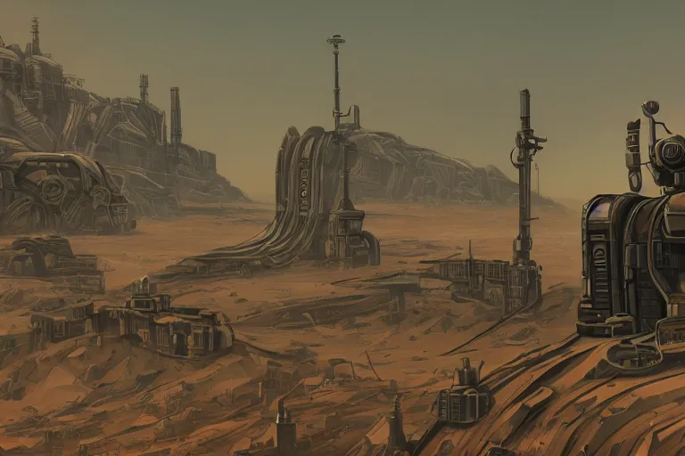 Image similar to a neverending non - euclidean factory in a bleak martian landscape, dieselpunk