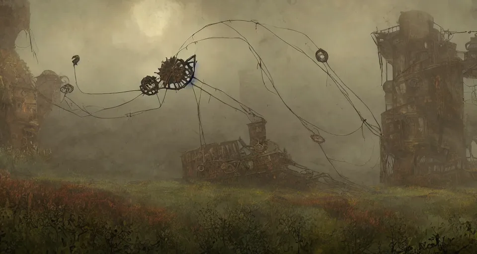 Image similar to rusty broken steampunk flying ship taken by ferns and vines, steppe, misty background, from the game pathologic 2, highly detailed, sharp focus, matte painting, by studio ghibli, by su jeong ahn, by isaac levitan and asher brown durand,