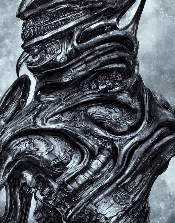 Image similar to engineer prometheus face, xenomorph alien face, highly detailed, symmetrical long head face, smooth marble surfaces, detailed ink illustration, raiden metal gear, cinematic smooth stone, deep aesthetic, concept art, post process, 4k, carved marble texture and silk cloth, latex skin, highly ornate intricate details, prometheus, evil, moody lighting, hr geiger, hayao miyazaki, indsutrial Steampunk