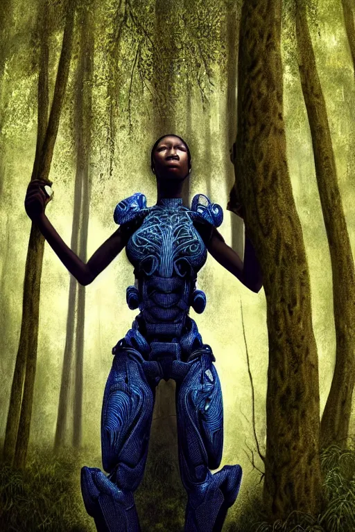 Prompt: hyperrealistic very beautiful! black woman with detailed exoskeleton armor, touching tree in a forest, digital art masterpiece brad kunkle, kay sage dramatic blue light low angle hd 8k sharp focus