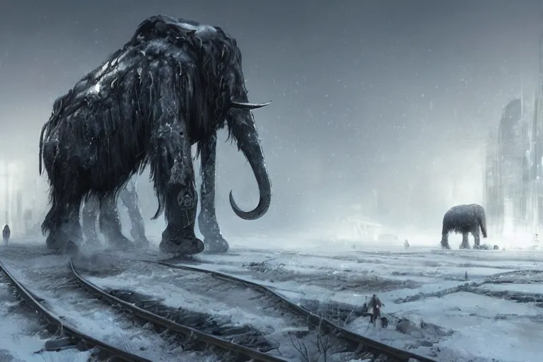 Image similar to a grand intricate futuristic black steam train and a giant mammoth, post - apocalyptic ice landscape in snowstorm, concept art, artstation, highly detailed, digital art