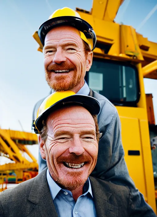 Prompt: closeup portrait of cheerful bryan cranston as a crane operator, yellow hardhat, sitting in a crane, natural light, bloom, detailed face, magazine, press, photo, steve mccurry, david lazar, canon, nikon, focus