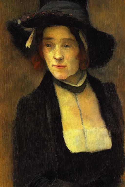 Prompt: Portrait of a Young Victorian widow wearing a black veiled hat in the style of Rembrandt, Paul Gauguin, edge lighting, tonemapped, painterly