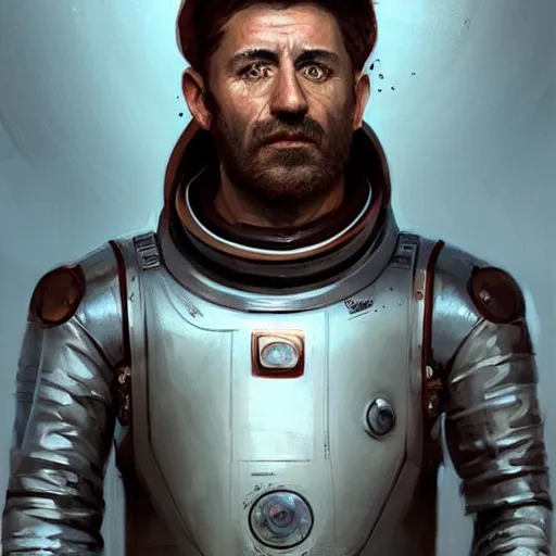 Image similar to Portrait of a man by Greg Rutkowski, he is about 40 years old, copper short hair, his features are a mix between Turkish and Scottish, strong and tall, cool dad vibes, he is wearing a futuristic astronaut suit, highly detailed portrait, digital painting, artstation, concept art, smooth, sharp foccus ilustration, Artstation HQ.