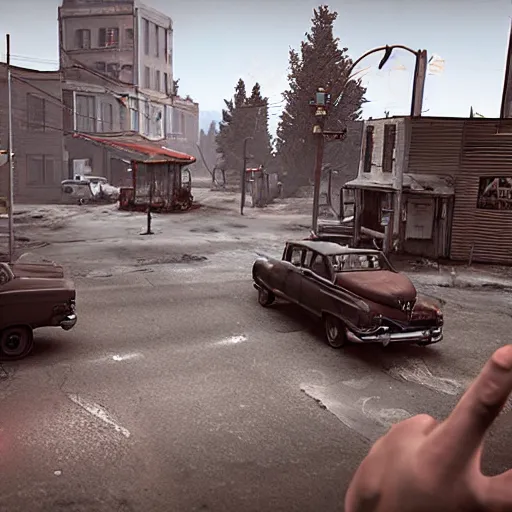 Image similar to mayberry rfd, main street with Andy Griffith, in silent hill style horror zombies death unreal engine