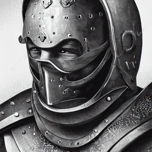 Prompt: realistic still of a man with a moustache wearing medieval armor. Highly detailed portrait
