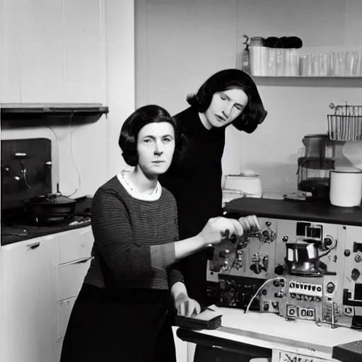 Prompt: delia derbyshire and daphne oram are in a kitchen doing various chores. brutalist