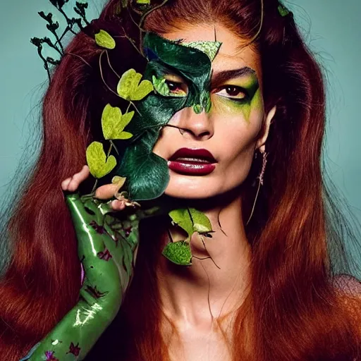 Image similar to “A beautiful portrait of Ophelie Guillermand as Poison Ivy from Batman as a Versace fashion model Spring/Summer 2018, highly detailed, in the style of cinematic, Getty images, Vogue editorial, Milan fashion week backstage, Makeup by Pat McGrath, Greg rutkowski”