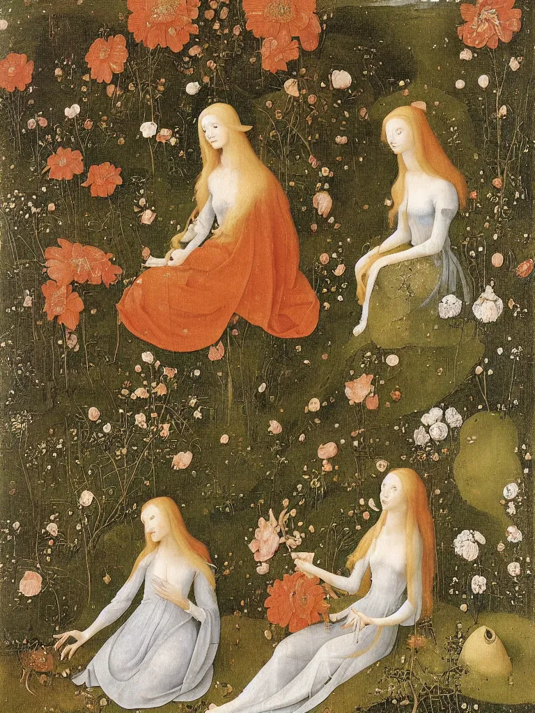 Image similar to elf maiden with long golden hair, wearing alexander mcqueen dress, sitting among flowers in the garden in the style of hieronymus bosch,