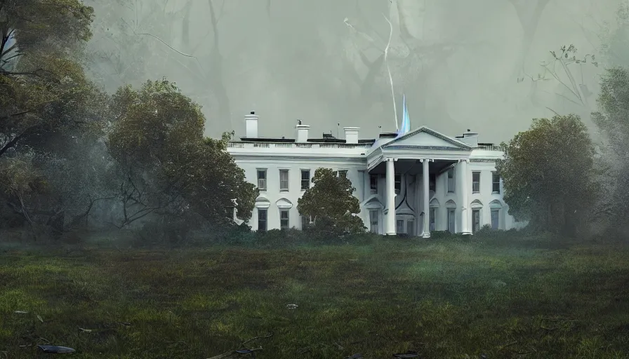 Image similar to abandoned damaged burning white house covered by vegetation at rainy day, grey sky, muddy ground, hyperdetailed, artstation, cgsociety, 8 k