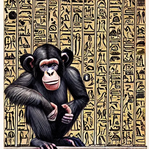 Image similar to A body art that features a chimpanzee surrounded by a castle turret. The chimp is shown wearing a crown and holding a scepter, and the castle is adorned with banners. ancient egyptian papyrus, Sumerian by Jesper Ejsing, by Warren Ellis, by John Harris ghostly