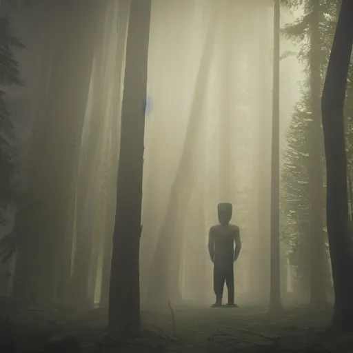 Prompt: a modern day ancient Egyptian pharaoh standing in a dark, gloomy forest, detailed, mythical, mist, fog, heavy fog, dark lighting, rim light, ambient light,