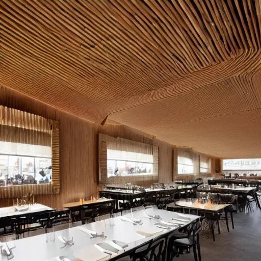 Prompt: Restaurant that looks like a barn designed by Bjarke Ingels