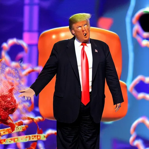 Prompt: trump getting slimed at the kids choice award, 2 0 0 8, crt television