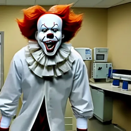 Image similar to a full body photograph of pennywise using a lab coat at a hospital