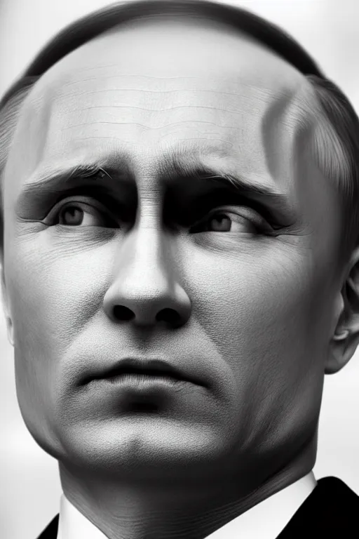 Image similar to close up of Vladimir Putin as the lead singer of an 80's electronic band, cyberpunk style, black and white, 8k, gritty