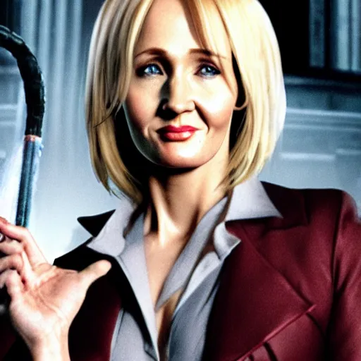 Prompt: JK Rowling as a character in Devil May Cry, film still, photorealistic, medium shot