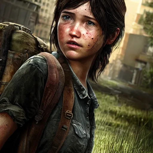 Image similar to an amazing portrait photo of an old Ellie from The last Of Us, award winning photo, very detailed, cinematic, beautiful lighting effects