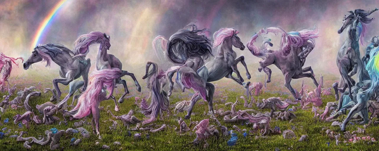 Prompt: a beautiful detailed mate painting of unicorns dancing under a rainbow on a graveyard'by wayne barlowe, existential horror, trending on cgsociety artstation, highly detailed, 8 k, masterpiece, super resolution.