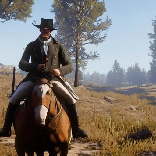 zesty-seal663: Arthur Morgan from Red Dead Redemption 2 riding his horse  across the country