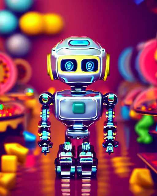 Prompt: cute elaborate robot, candy colors, pinball machine parts, symmetrical, in a city made of arcade machines and candy, octane render, 3 d model, detailed by pokedstudio