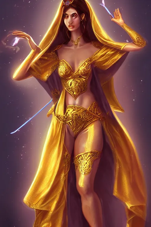 Image similar to mystical, magician, beautiful female!!, silk gold robes, casting fire spells, dramatic, intricate, elegant, majestic, highly detailed, hard focus, digital painting, artstation, smooth, unreal engine