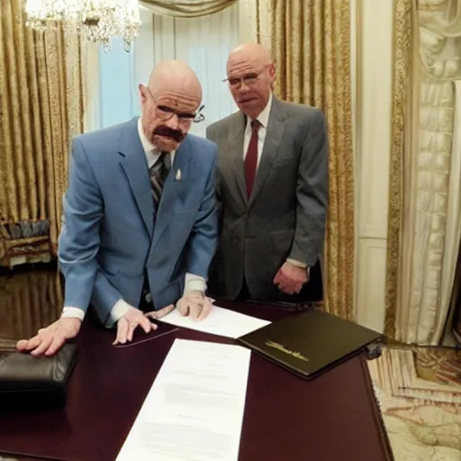 Prompt: walter white as the president eesigning