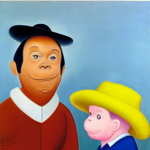 Prompt: a painting of curious george and the man in the yellow hat, fernando botero